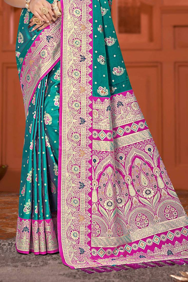 teal green satin silk woven work traditional saree