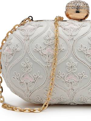  woven reverie white faux silk floral vine embroidered clutch 8