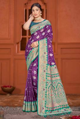 deep purple satin silk woven work traditional saree 1