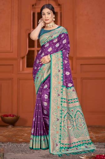 deep purple satin silk woven work traditional saree