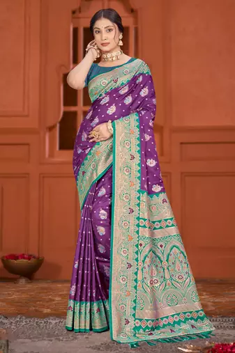 deep purple satin silk woven work traditional saree