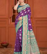 deep purple satin silk woven work traditional saree
