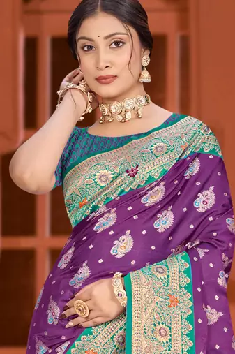 deep purple satin silk woven work traditional saree