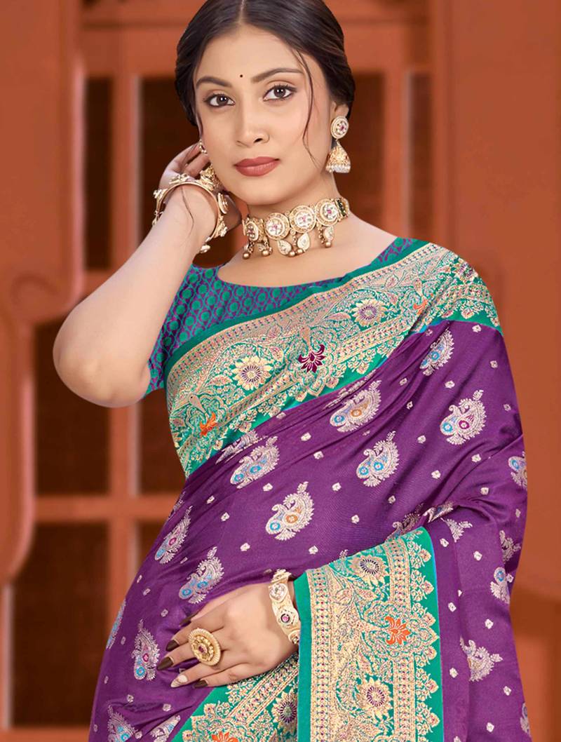 deep purple satin silk woven work traditional saree