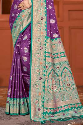 deep purple satin silk woven work traditional saree 3
