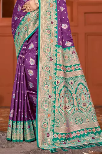 deep purple satin silk woven work traditional saree