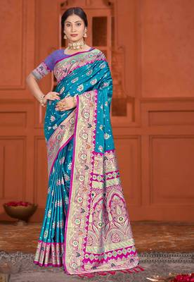 teal blue satin silk woven work traditional saree 1