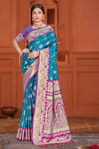 teal blue satin silk woven work traditional saree