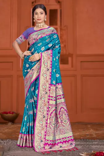 teal blue satin silk woven work traditional saree