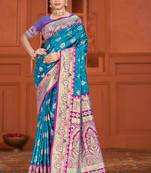 teal blue satin silk woven work traditional saree