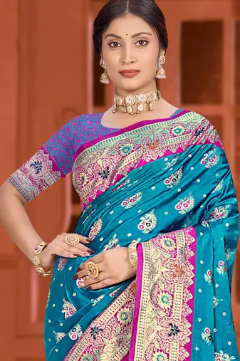 teal blue satin silk woven work traditional saree
