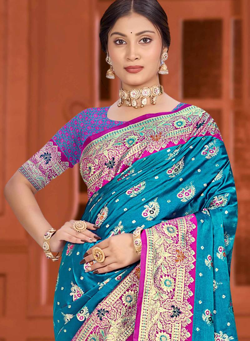 teal blue satin silk woven work traditional saree