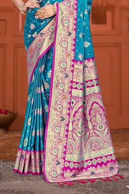 teal blue satin silk woven work traditional saree 3