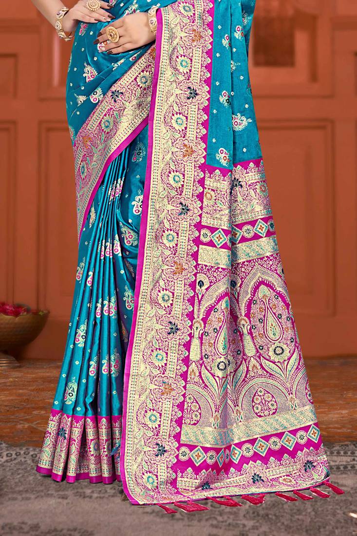 teal blue satin silk woven work traditional saree