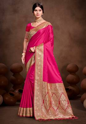 ruby pink silk blend woven work traditional saree 1