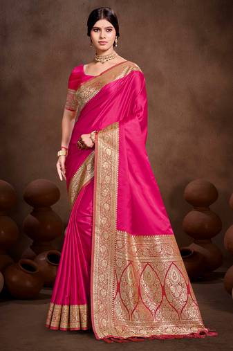 ruby pink silk blend woven work traditional saree