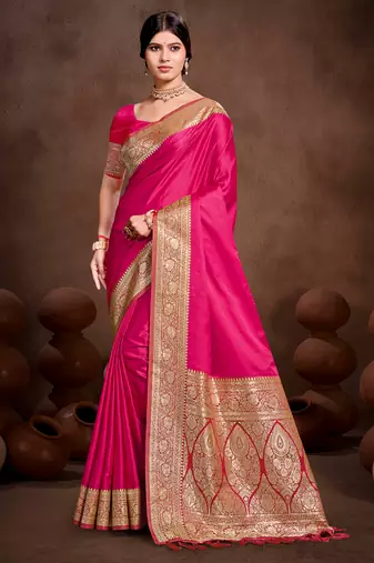 ruby pink silk blend woven work traditional saree