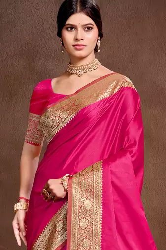 ruby pink silk blend woven work traditional saree