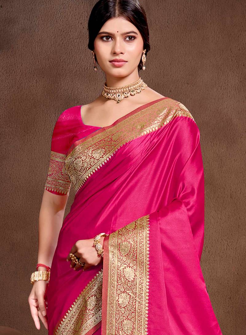 ruby pink silk blend woven work traditional saree