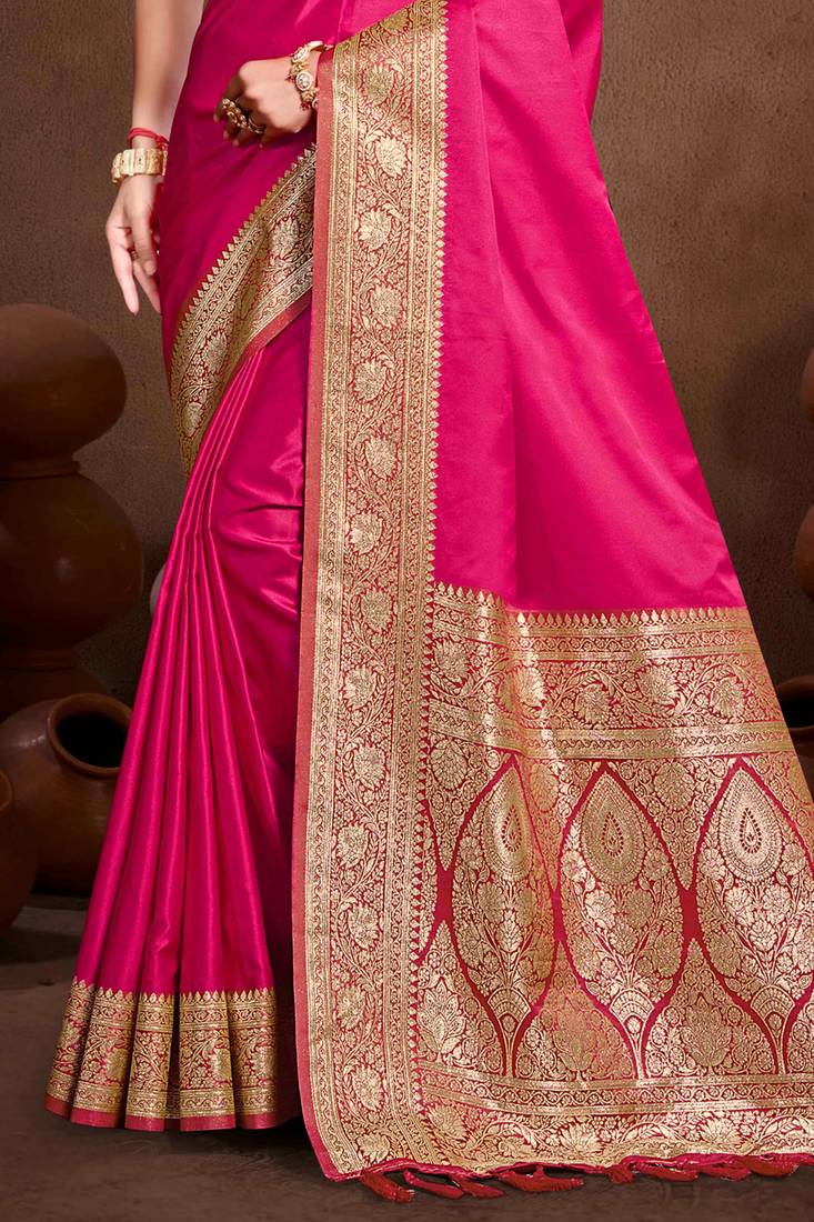 ruby pink silk blend woven work traditional saree