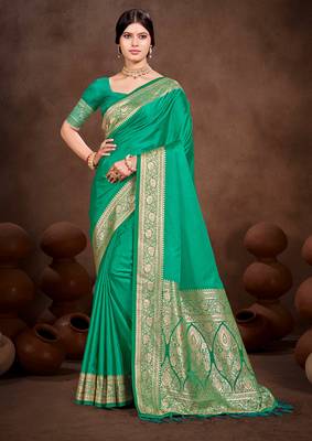emerald green silk blend woven work traditional saree 1