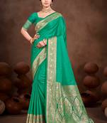 emerald green silk blend woven work traditional saree