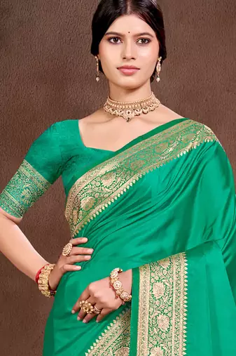emerald green silk blend woven work traditional saree