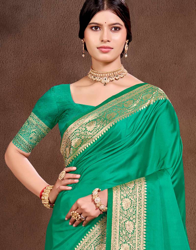 emerald green silk blend woven work traditional saree