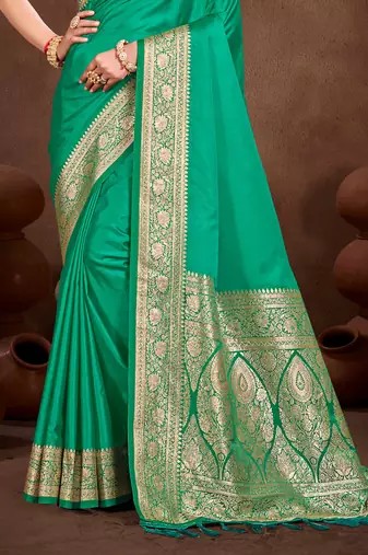 emerald green silk blend woven work traditional saree