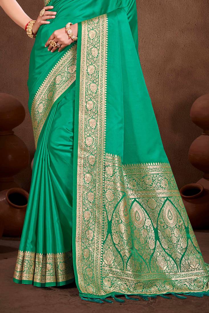 emerald green silk blend woven work traditional saree