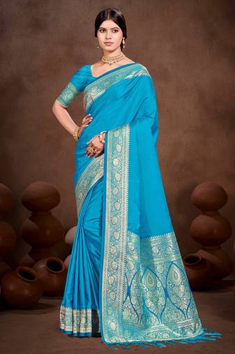 sky blue silk blend woven work traditional saree