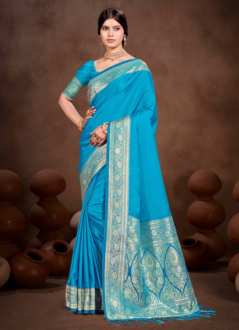 sky blue silk blend woven work traditional saree