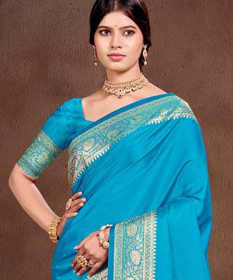 sky blue silk blend woven work traditional saree 2