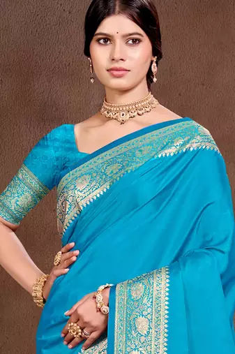 sky blue silk blend woven work traditional saree