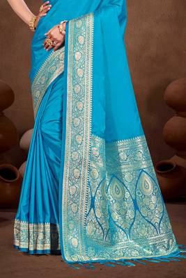 sky blue silk blend woven work traditional saree 3