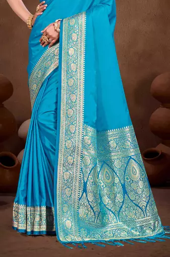 sky blue silk blend woven work traditional saree