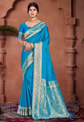 sky blue silk blend woven work traditional saree 1