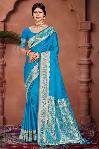 sky blue silk blend woven work traditional saree