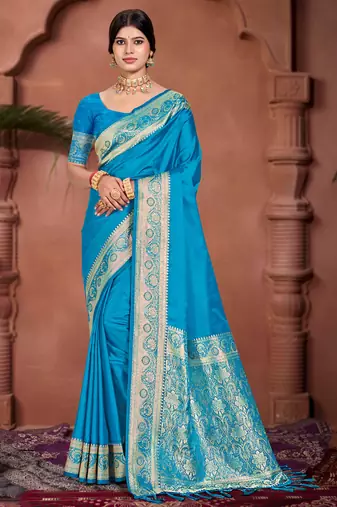 sky blue silk blend woven work traditional saree