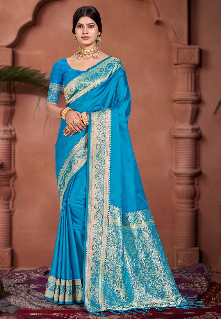 sky blue silk blend woven work traditional saree