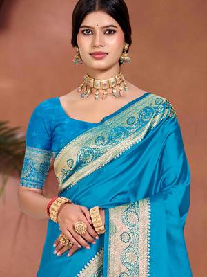 sky blue silk blend woven work traditional saree 2