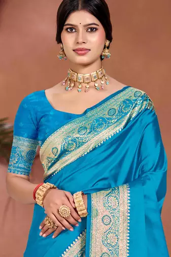 sky blue silk blend woven work traditional saree