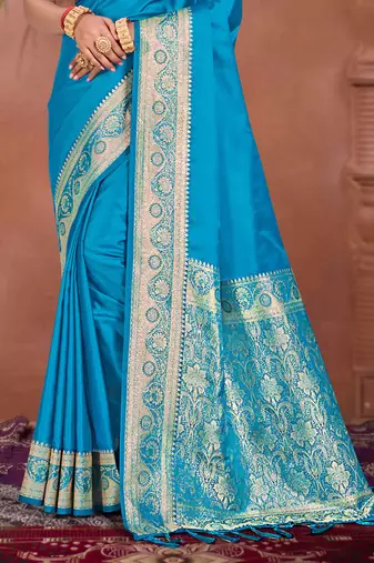 sky blue silk blend woven work traditional saree