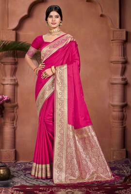 ruby pink silk blend woven work traditional saree 1