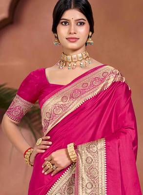 ruby pink silk blend woven work traditional saree 2