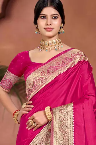 ruby pink silk blend woven work traditional saree