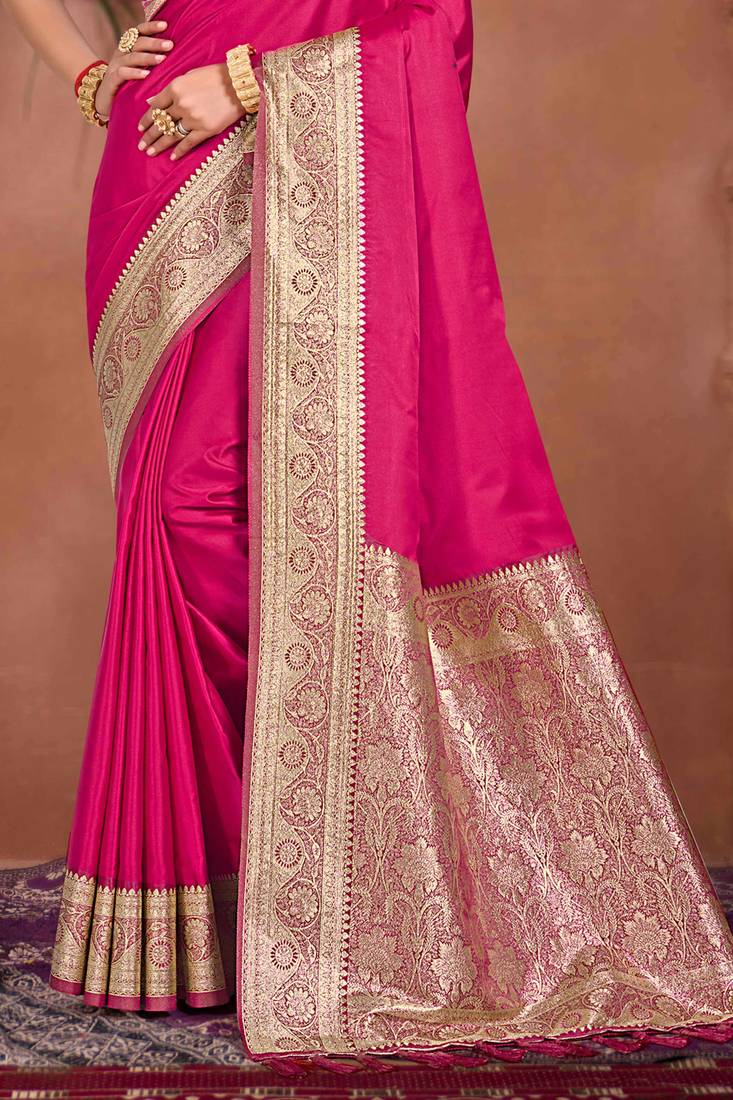 ruby pink silk blend woven work traditional saree