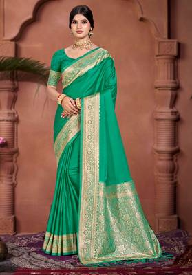 emerald green silk blend woven work traditional saree 1