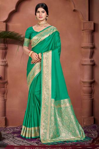 emerald green silk blend woven work traditional saree