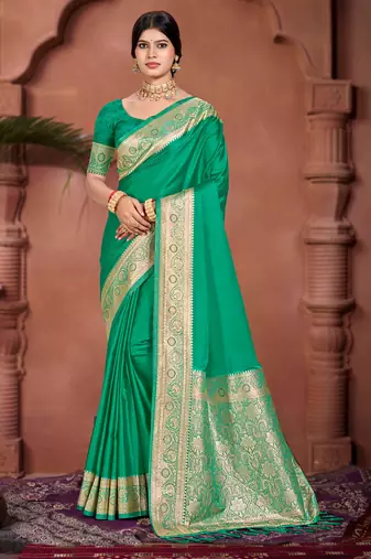 emerald green silk blend woven work traditional saree